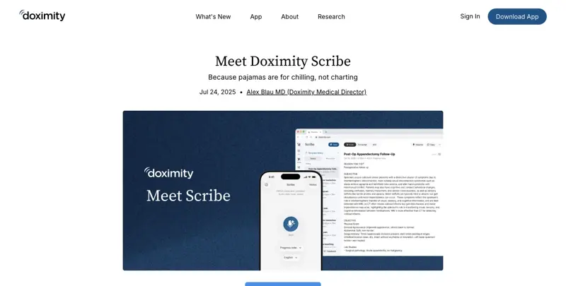 Doximity’s official Scribe announcement post, showing the actual product interface: a HIPAA-compliant notetaker with audio data never saved, and a sample generated clinical note
