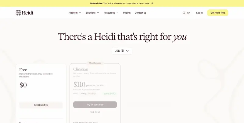 Heidi Health’s official pricing page showing the Free ($0) tier and the Clinician tier at $110/user/month on annual billing