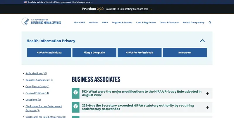 HHS.gov’s official guidance page on HIPAA Business Associates, defining when a vendor like an AI scribe requires a signed BAA