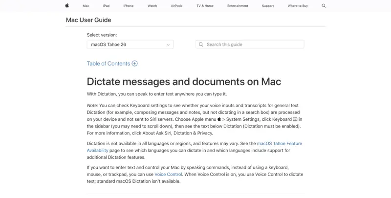 Apple’s official Mac User Guide page for Dictation, confirming on-device processing for general text dictation and noting Voice Control as a separate speech-command system