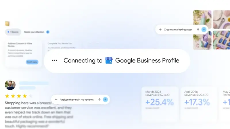 Gemini app screen showing a “Connecting to Google Business Profile” confirmation notification