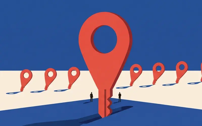 Editorial illustration of a large map pin shaped as a key unlocking rows of smaller location pins, representing multi-location account access
