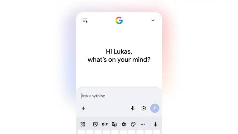 Google’s AI Mode landing screen reading “Hi Lukas, what’s on your mind?” — the personalized Personal Intelligence view that draws on your own Gmail and Photos