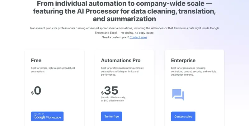 Sheetgo Automations pricing page showing Free ($0), Automations Pro ($35/month billed annually or $50/month billed monthly), and Enterprise (custom) tiers for spreadsheet automation and the AI Processor.