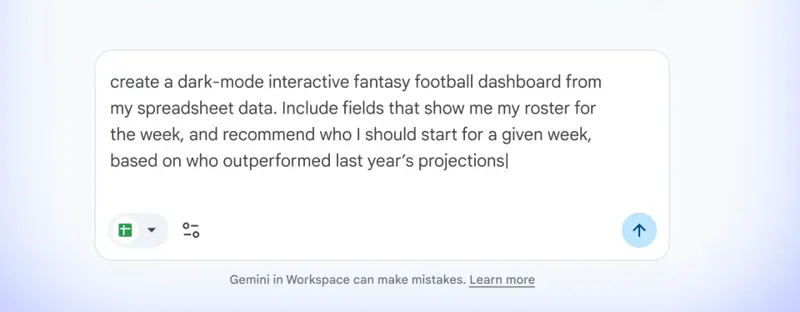Google Sheets canvas prompt box asking Gemini to “create a dark-mode interactive fantasy football dashboard from my spreadsheet data,” shown inside the Gemini side panel in Google Sheets.