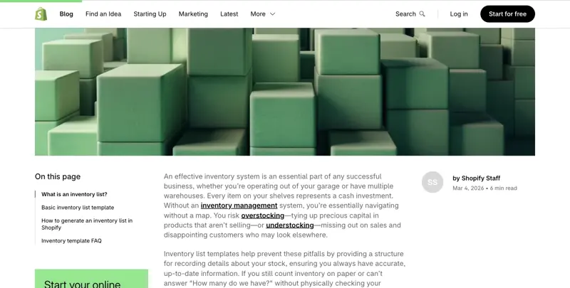 Shopify’s own “Inventory Template: Free Customizable Download + Guide” blog article — a static, downloadable spreadsheet template with no live sync, the traditional alternative to a dynamic canvas dashboard.