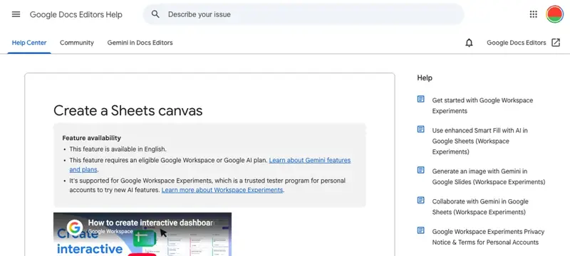 Google Docs Editors Help page for “Create a Sheets canvas” showing the feature availability callout box: available in English only, requires an eligible Google Workspace or Google AI plan, and supported for Google Workspace Experiments on personal accounts.