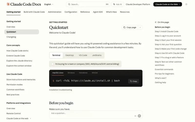 Anthropic’s official Claude Code quickstart, showing the one-line installer for macOS and Linux with tabs for Windows, Homebrew, and WinGet.