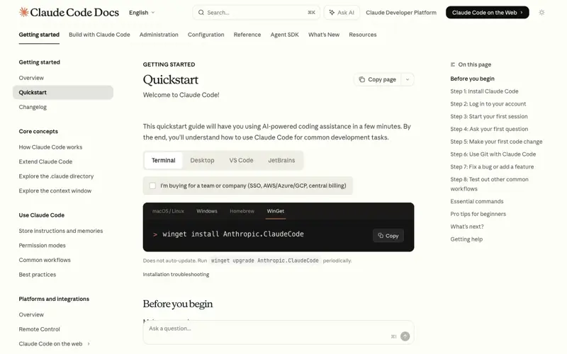 WinGet install command in Anthropic’s quickstart: winget install Anthropic.ClaudeCode with a no-auto-update note.