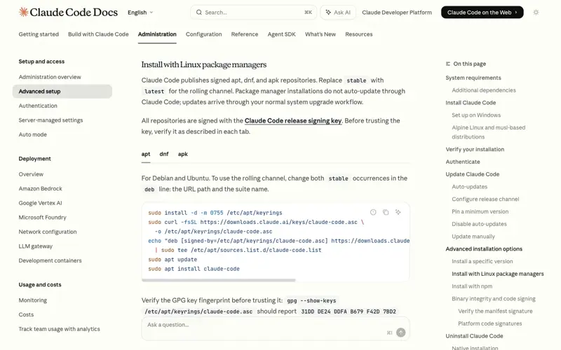 Anthropic’s signed apt repository setup commands with the Claude Code release signing key.