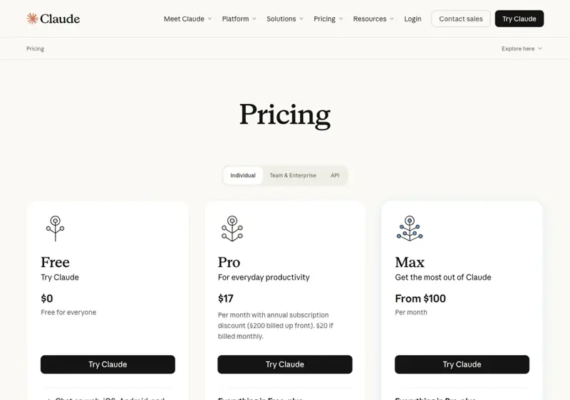 Claude’s public pricing page showing Free, Pro, and Max tiers — every plan, even at $100+/month, has usage limits baked in