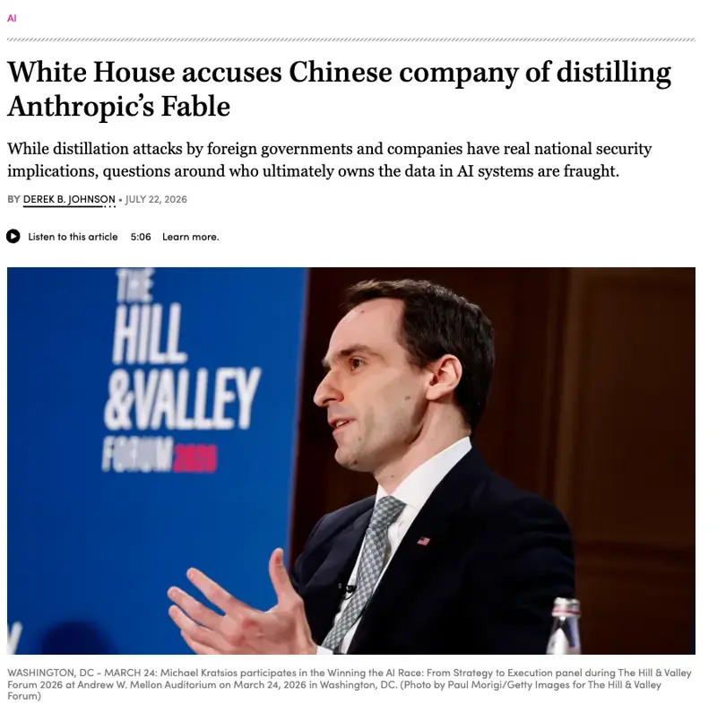 CyberScoop headline: White House accuses Chinese company of distilling Anthropic’s Fable, with a national-security dek and a photo of White House science official Michael Kratsios