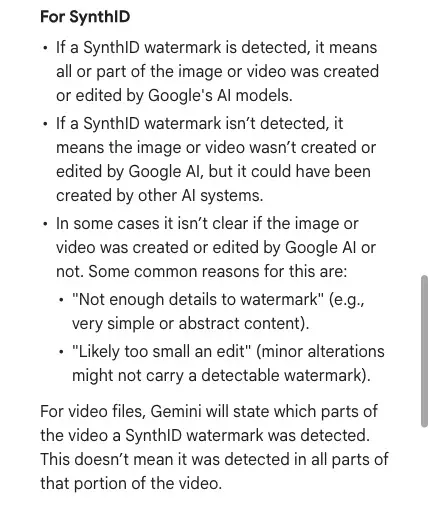 Gemini Apps Help page section explaining what a SynthID result means, including that a watermark found means Google AI created or edited all or part, and that none found could still be other AI