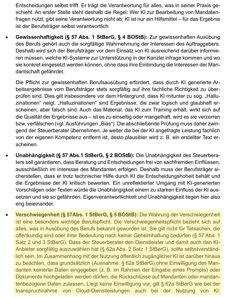 Seite 19 der BStBK-FAQ „KI im steuerberatenden Berufsstand“ mit dem Absatz zur Verschwiegenheit nach § 57 StBerG und § 62a StBerG hervorgehoben