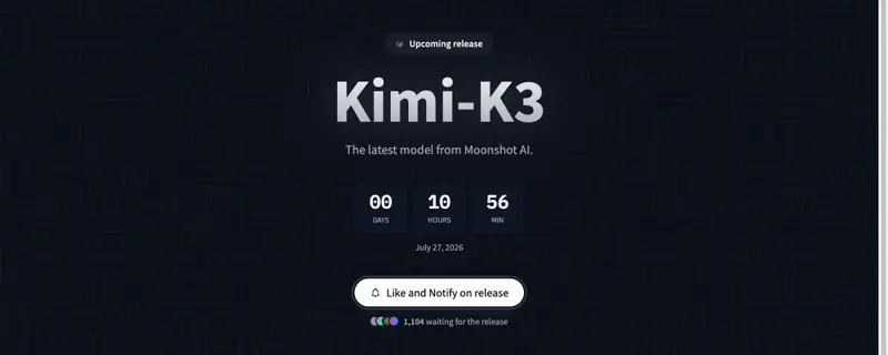 The Hugging Face page for Kimi K3 showing an ‘Upcoming release’ countdown dated July 27, 2026, with over 1,100 people waiting for the open weights