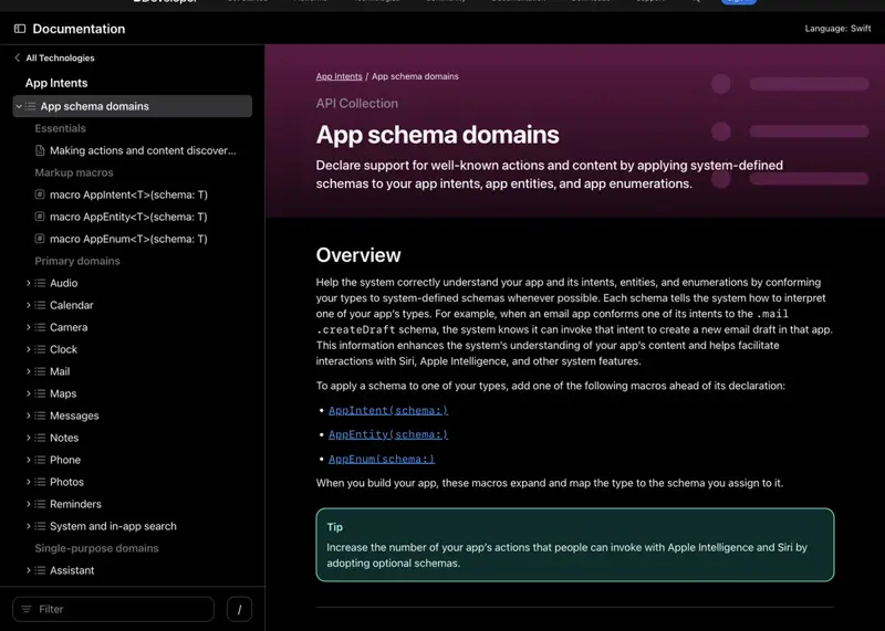 Apple’s App Intents documentation shows Mail and Messages as separate, fully independent app schema domains, each requiring its own complete implementation to unlock Siri AI actions.