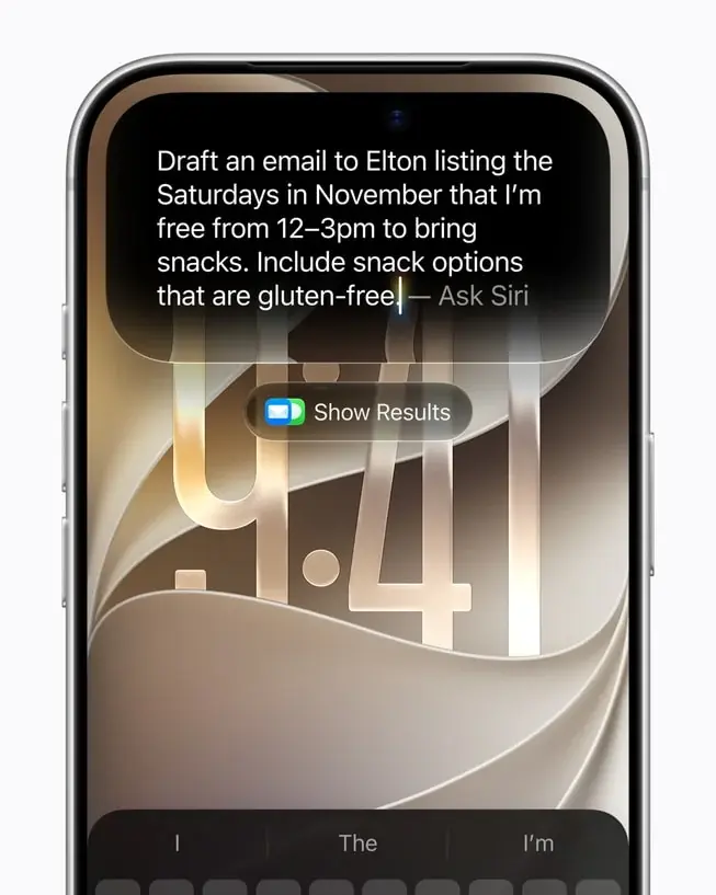 Apple’s own demo of Siri AI drafting an email from a natural-language request — “Draft an email to Elton listing the Saturdays in November that I’m free… Include snack options that are gluten-free” — showing the assistant interpreting a multi-part request before handing it to Mail for review.
