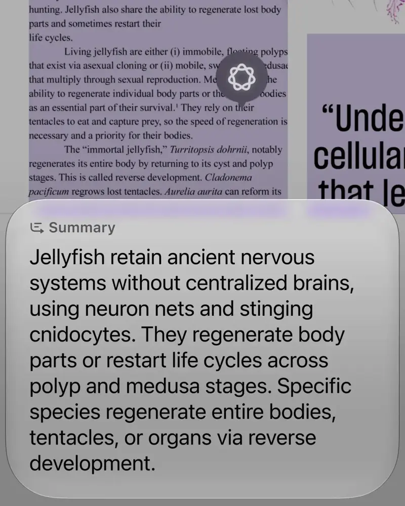 Siri AI’s on-screen awareness summarizing the content of a visible document into a plain-language summary card, without the user needing to copy or describe the text themselves.