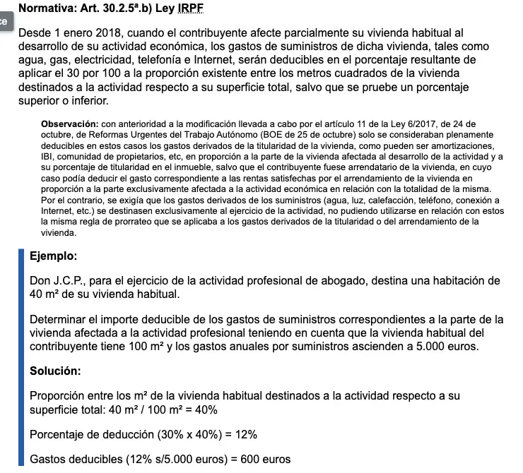 Página del Manual práctico de Renta 2024 de la Agencia Tributaria sobre suministros: el 30 por 100 aplicado a la proporción de metros cuadrados afectos, y el ejemplo de 40 m² de 100 m² con 5.000 euros de suministros, que da 600 euros