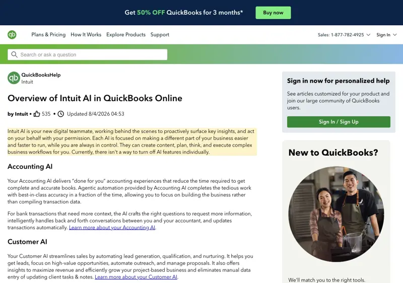 Intuit’s help article “Overview of Intuit AI in QuickBooks Online,” updated 8/4/2026, with the sentence “Currently, there isn’t a way to turn off AI features individually” highlighted