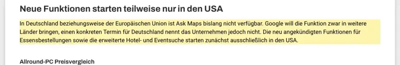 Ausschnitt aus Allround-PC: In Deutschland beziehungsweise der Europäischen Union ist Ask Maps bislang nicht verfügbar