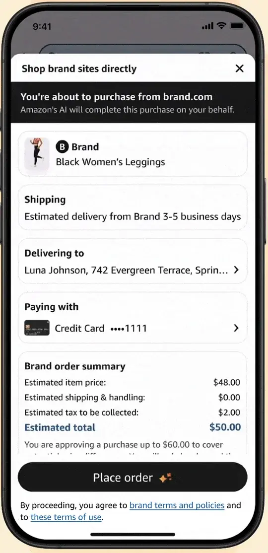 Amazon’s sample Buy for Me confirmation: “You’re about to purchase from brand.com. Amazon’s AI will complete this purchase on your behalf.” Estimated item price $48.00, shipping $0.00, tax $2.00, estimated total $50.00, then “You are approving a purchase up to $60.00 to cover…” and a Place order button