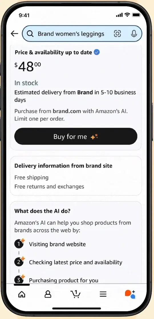 Amazon’s sample Buy for Me product page: a $48.00 item, “Purchase from brand.com with Amazon’s AI. Limit one per order,” a Buy for me button, and a “What does the AI do?” box listing visiting the brand website, checking latest price and availability, and purchasing the product for you