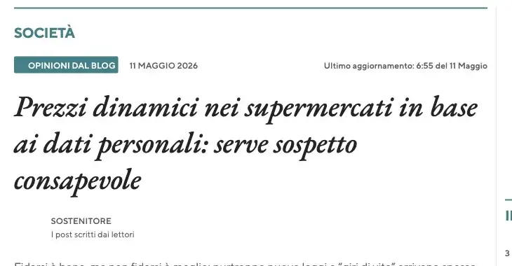 L’articolo de Il Fatto Quotidiano dell'11 maggio 2026: Prezzi dinamici nei supermercati in base ai dati personali, serve sospetto consapevole