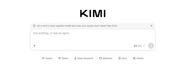 The Kimi web app home screen, showing the KIMI logo and K3 set as the default model