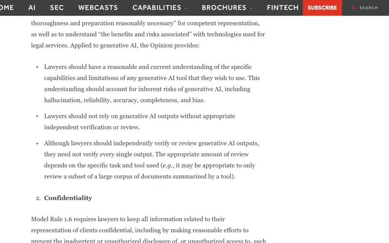 American Bar Association Formal Opinion 512 requiring lawyers to understand generative AI’s hallucination risk and independently verify AI outputs before relying on them