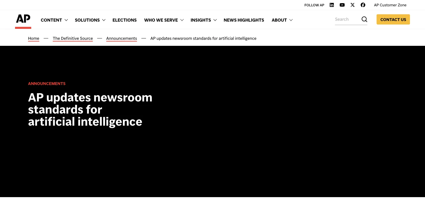 Associated Press offizielle Ankündigung zu aktualisierten Redaktionsstandards für Künstliche Intelligenz