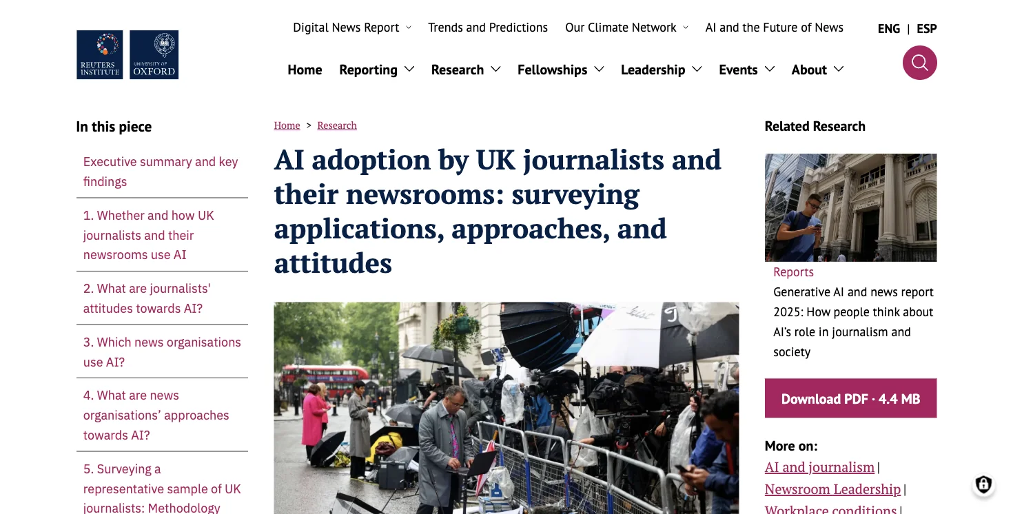 Reuters Institute for the Study of Journalism Bericht zur KI-Nutzung britischer Journalisten