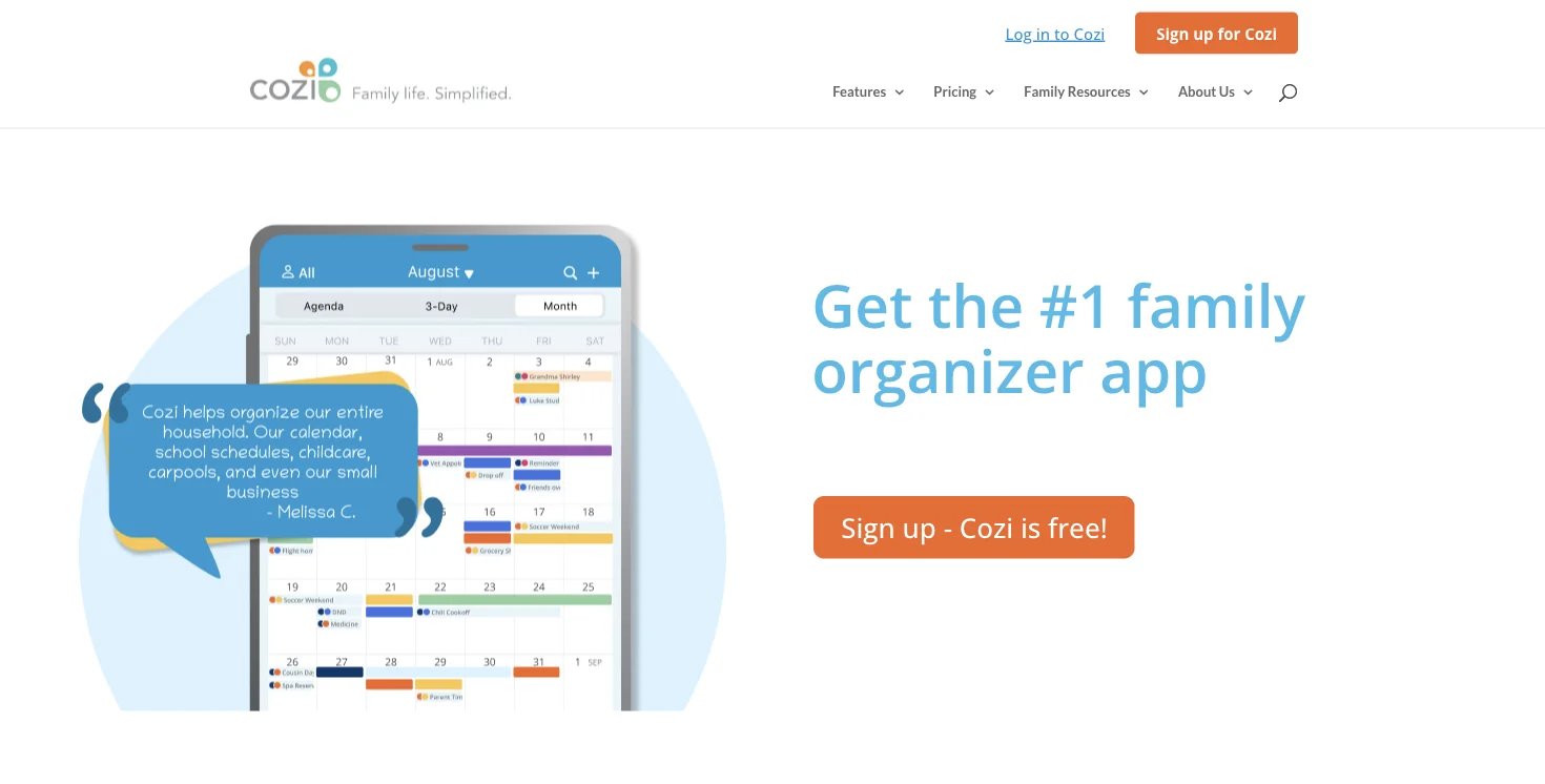 Cozi's homepage advertising itself as the number one family organizer app with a shared calendar