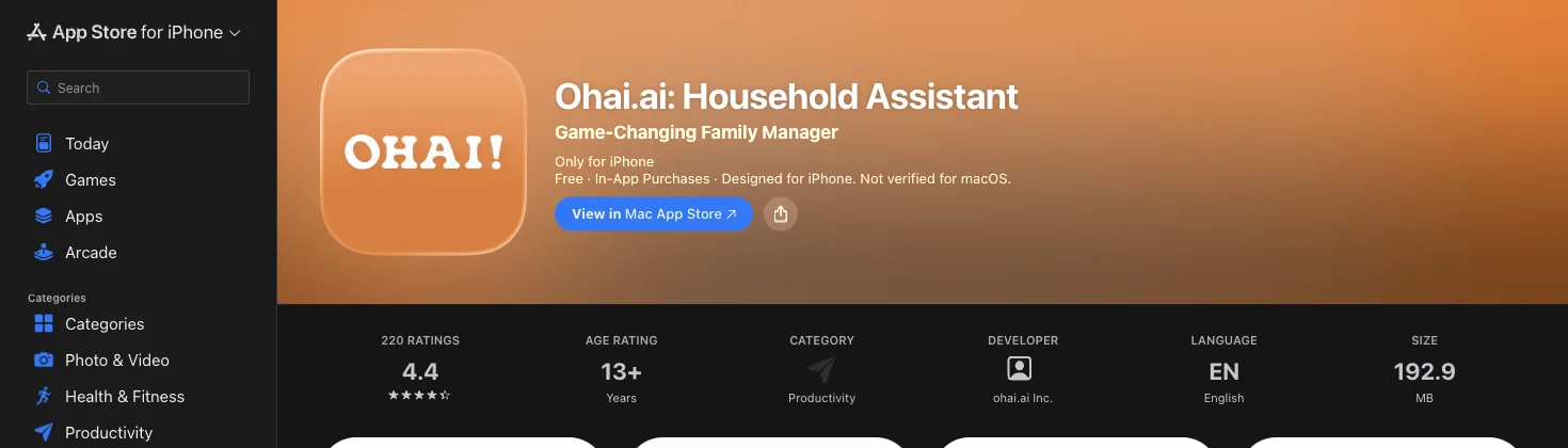 Ohai.ai Household Assistant listing on the Apple App Store showing a 4.4 rating from 220 reviews