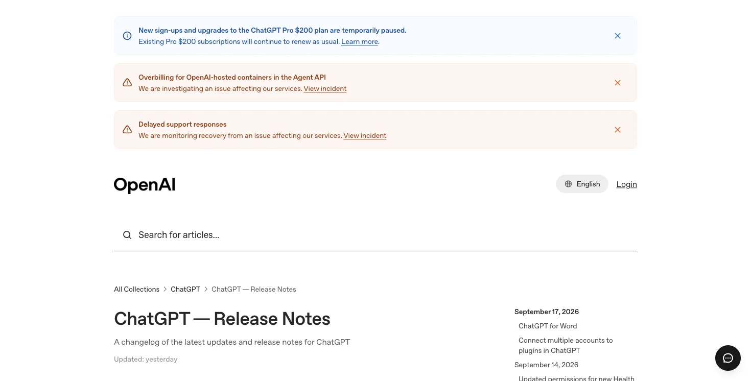 OpenAI's ChatGPT Release Notes page documenting the September 17 2026 Word add-in launch across all plans including Free