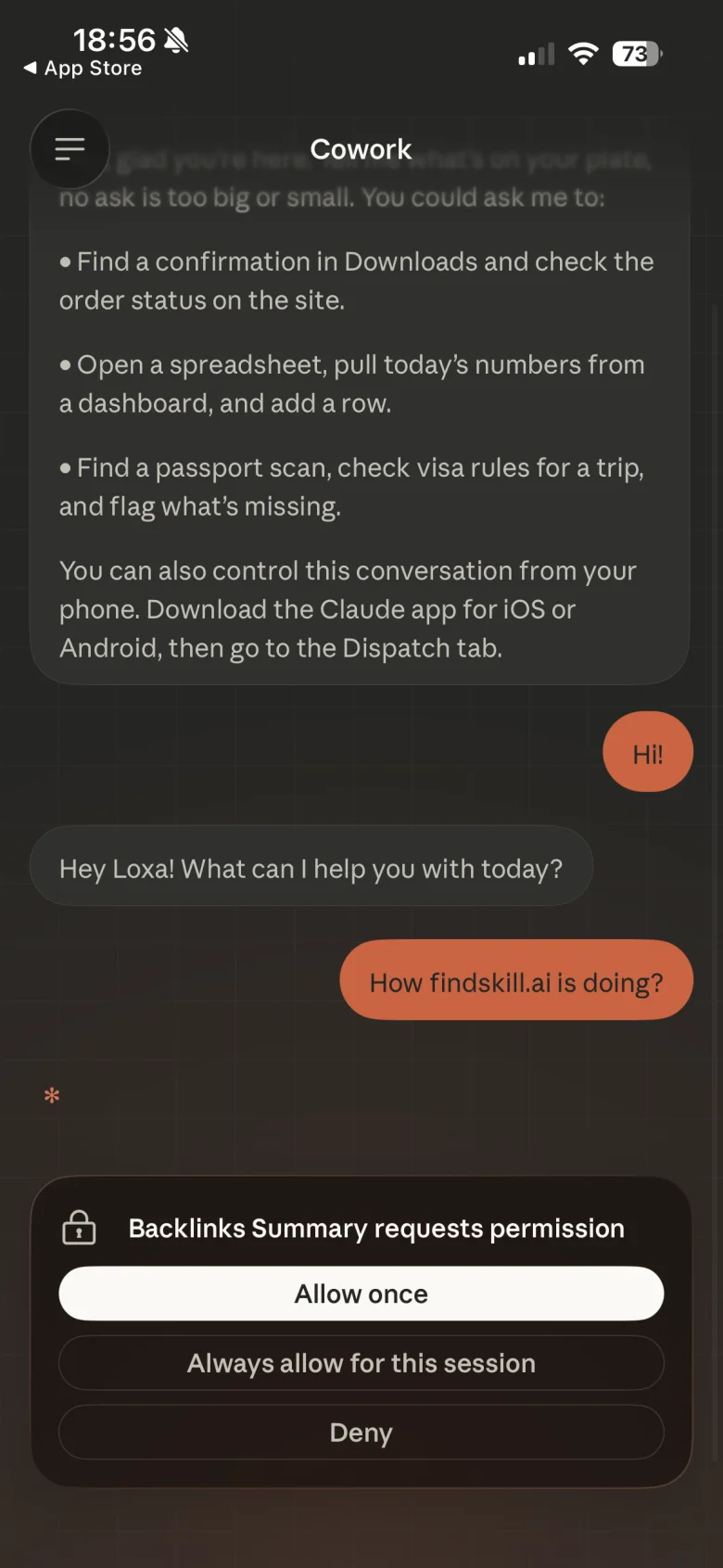 Claude Dispatch mobile chat showing a conversation asking about findskill.ai performance, with an MCP tool permission request for Backlinks Summary