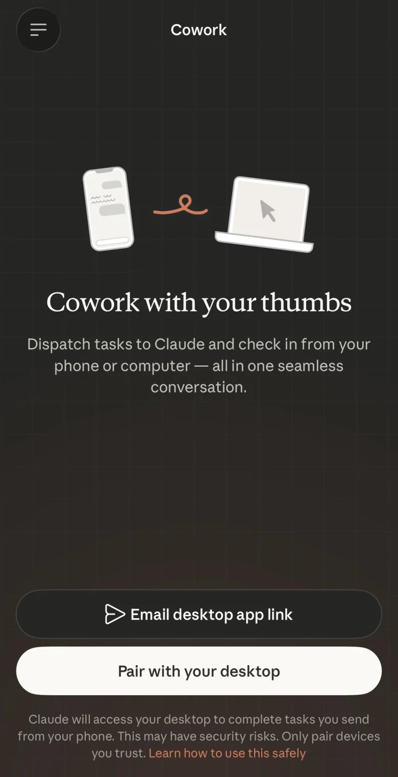 Claude mobile app Cowork pairing screen showing 'Cowork with your thumbs' with options to email desktop link or pair with desktop