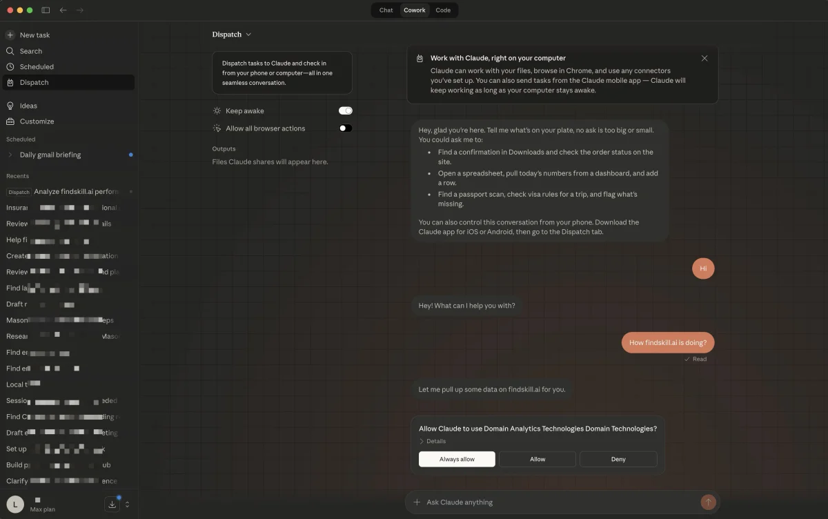 Claude Dispatch desktop interface showing the Cowork tab with task sidebar, active conversation, and MCP tool permission dialog