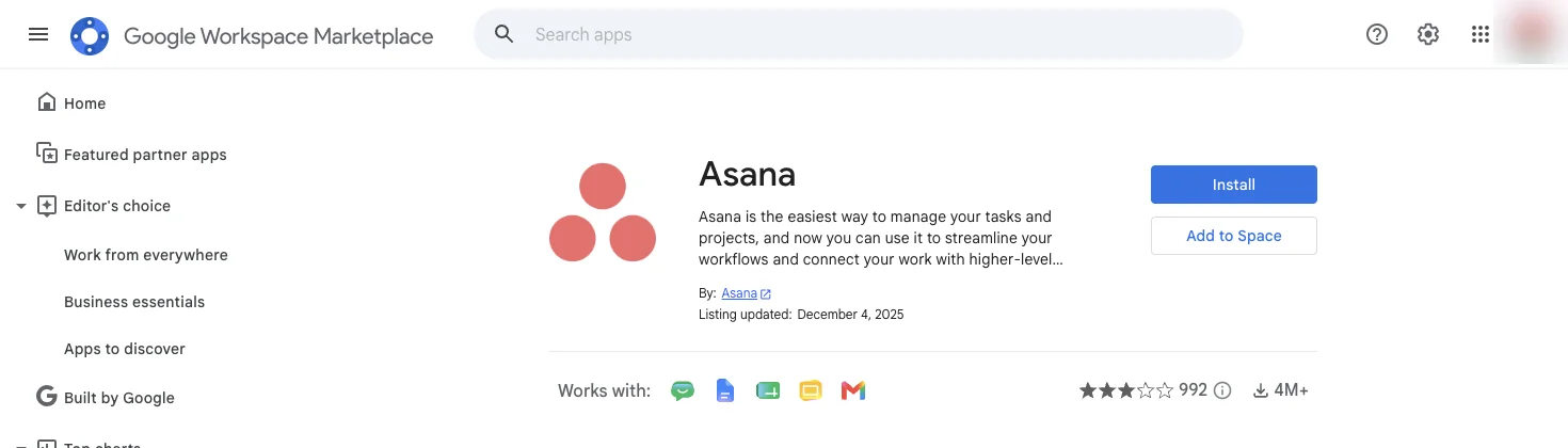 Asana's existing Google Workspace Marketplace listing showing 4 million-plus installs and native Gmail integration