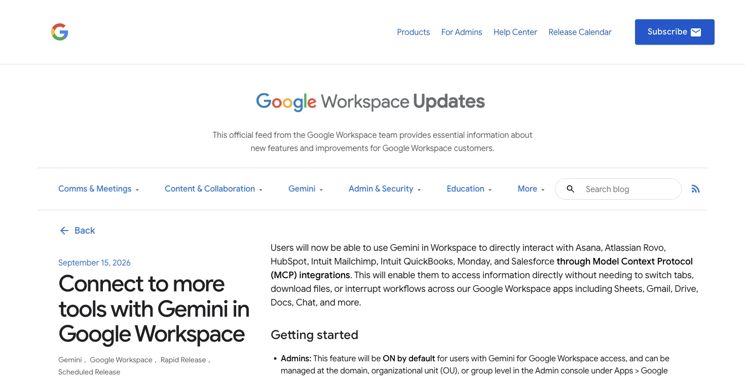 Google Workspace Updates blog post announcing Gemini connectors for Asana, HubSpot, QuickBooks and other tools