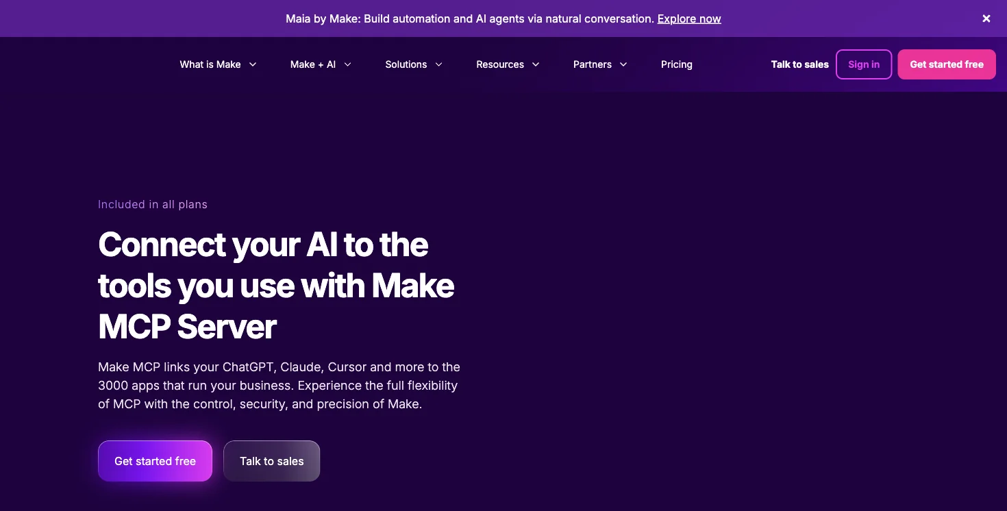 Make.com's own MCP Server product page advertising AI-to-tool connections