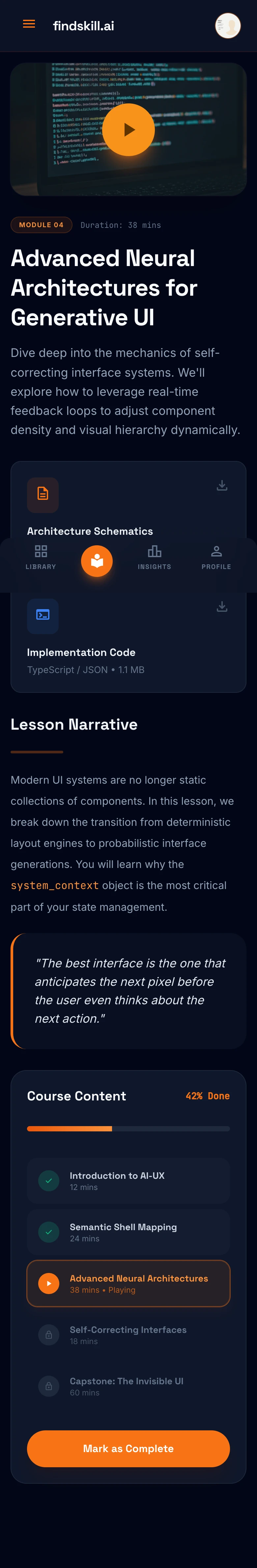 Dark mode lesson player with narrative text, downloadable resources, and progress sidebar