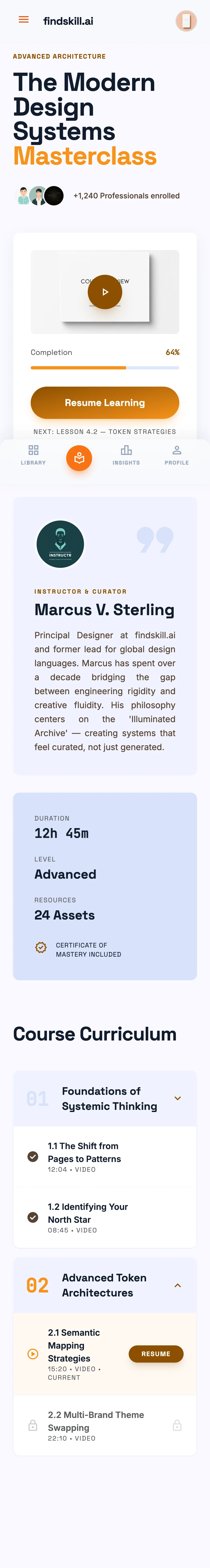 Google Stitch course detail page showing instructor profile, video preview, and curriculum modules