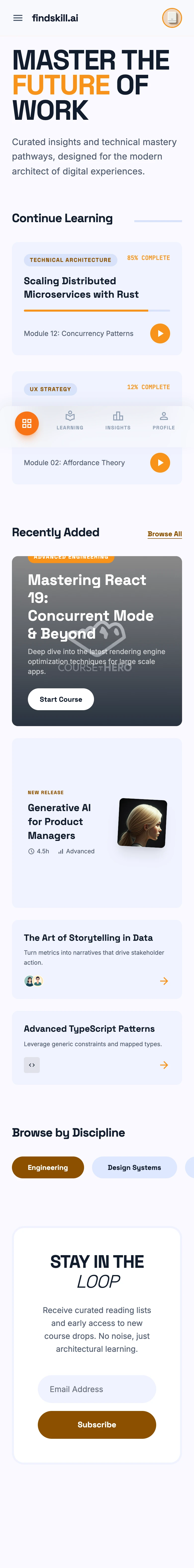 Google Stitch redesign of findskill.ai course library showing editorial typography, warm orange accents, and card-based layout