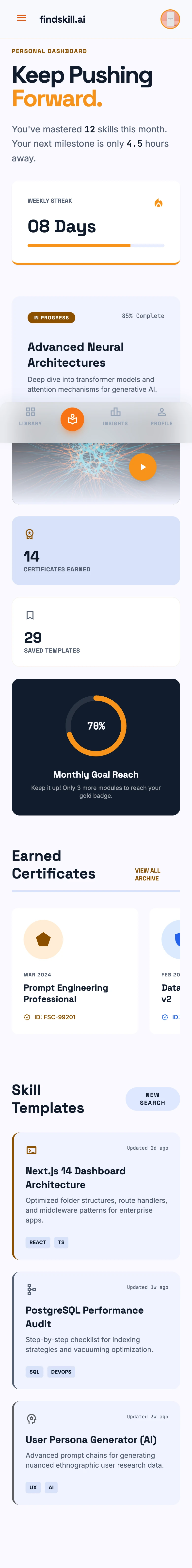 Personal learning dashboard with streak tracking, certificates, monthly goals, and gamification elements