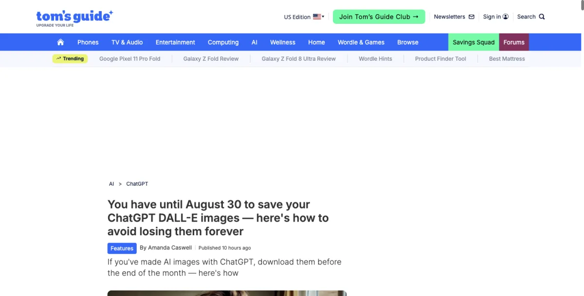 Tom's Guide news coverage of the DALL·E retirement, urging users to save their ChatGPT images before August 30