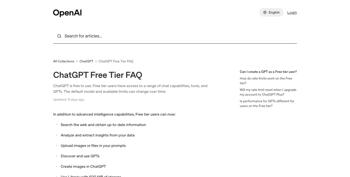 OpenAI's ChatGPT Free Tier FAQ help center page