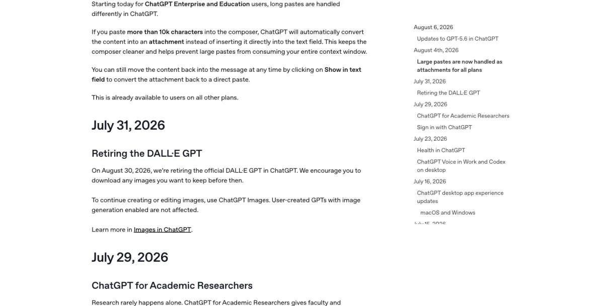 OpenAI's ChatGPT release notes page listing the DALL·E GPT retirement announcement