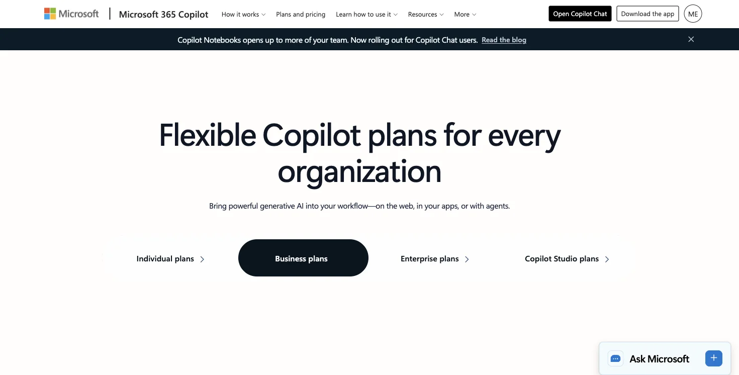 Microsoft's Copilot pricing page showing the Business and Enterprise tiers relevant to small business owners